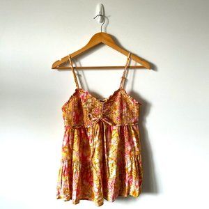 American  Eagle Floral Smocked Tiered Babydoll Tank Top Yellow Pink Sz S